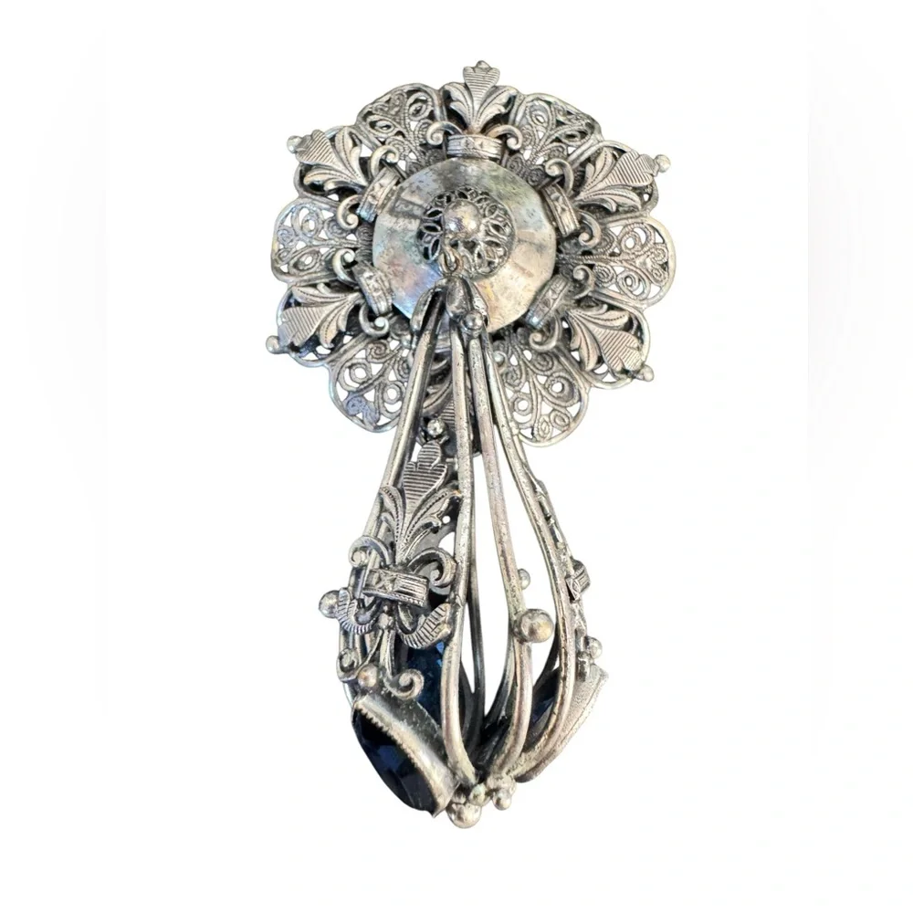 Joseff Hollywood Ornate Silver Metal Brooch with Blue Glass  Accents